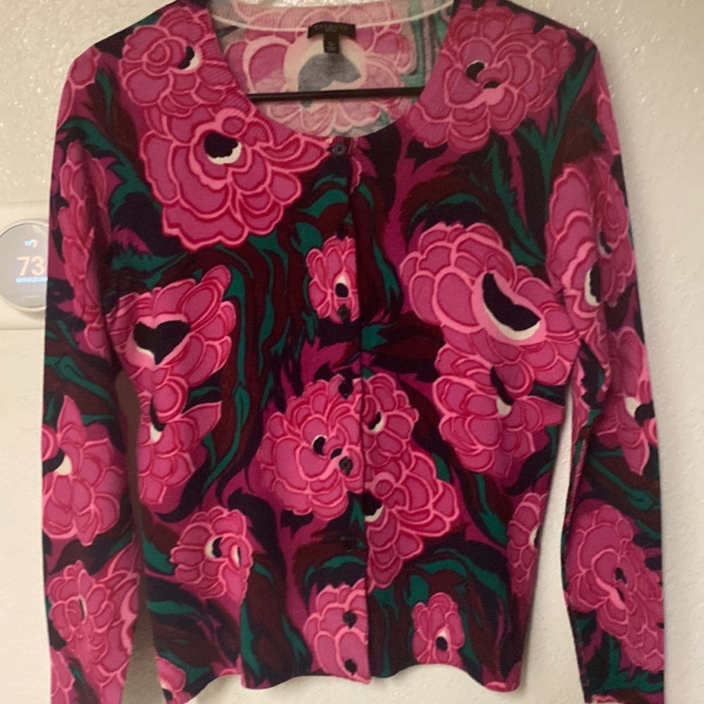 Talbots size Small/Petite, pink floral pattern cardigan.
